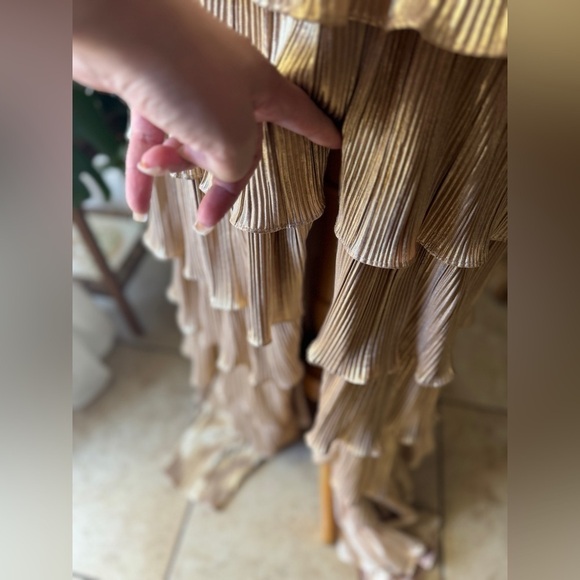 Mac Duggal Gold Ruffle gown maxi full length slit bridal shower bridesmaid guest - Picture 7 of 11